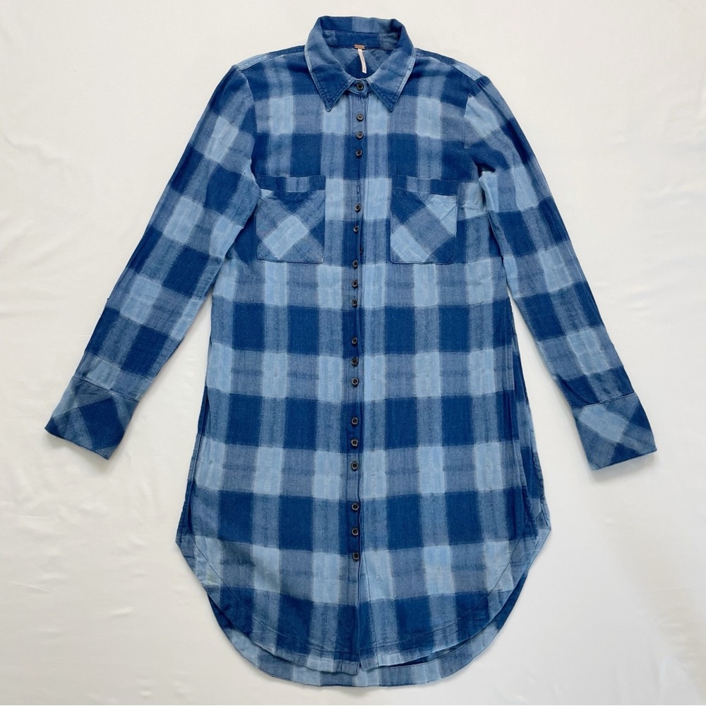 Free People Blue Plaid Button Up Down Tunic Shirt XS Longline Grunge 90s